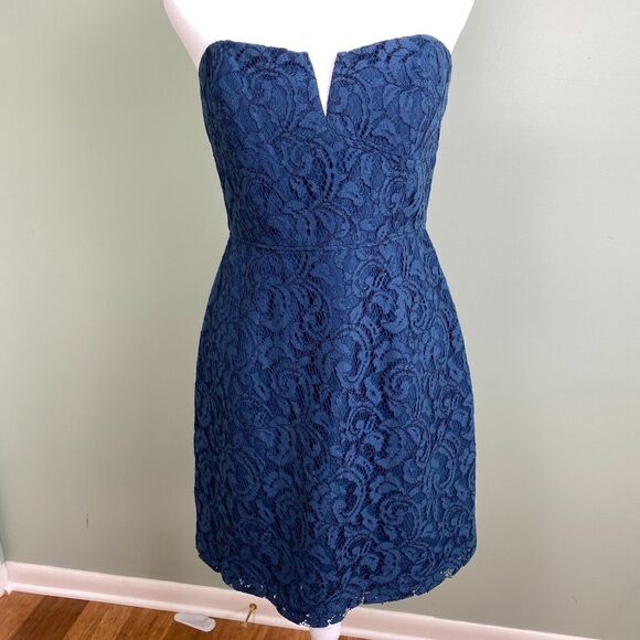 J Crew Dress Womens 4 Blue Lace Strapless Knee Length Party Wedding Formal - Picture 1 of 10